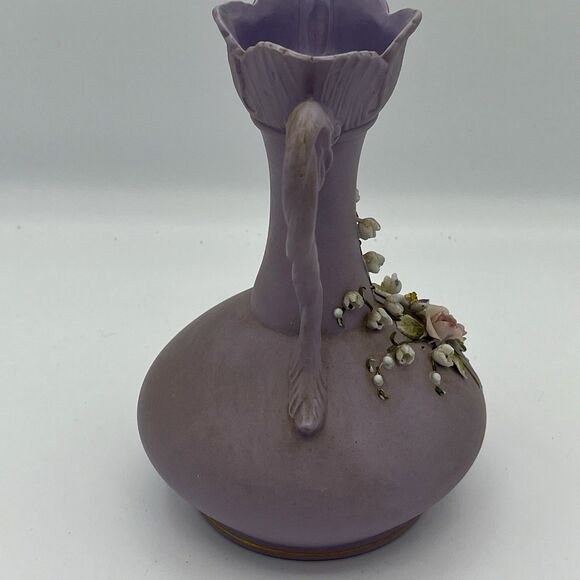 Vtg. Lefton Purple Floral Lilac Vase Raised Applied Sweet Pea Flowers Hand Paint - Picture 5 of 11